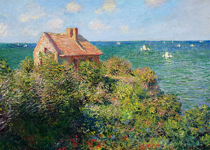 kahverengi kabin boyama, gökyüzü, bulutlar, manzara, ev, tekne, resim, yelken, Claude Monet, HD masaüstü duvar kağıdı HD wallpaper