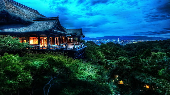chmury, las, dom, Japonia, Kiyomizudera, Kioto, noc, Drzewa, Tapety HD HD wallpaper