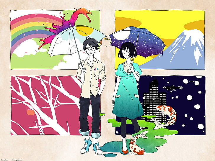 erkek ve kadın illüstrasyon, Tatami Galaxy, Akashi, Watashi, anime, Yojouhan Shinwa Taikei, HD masaüstü duvar kağıdı