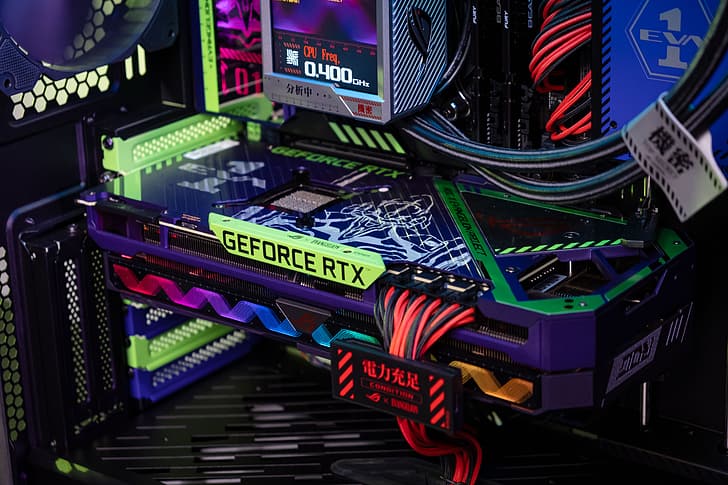 Republic of Gamers, ASUS, PC build, PC cases, Evangelion Unit-01, water cooling, crossover, GPU, HD wallpaper