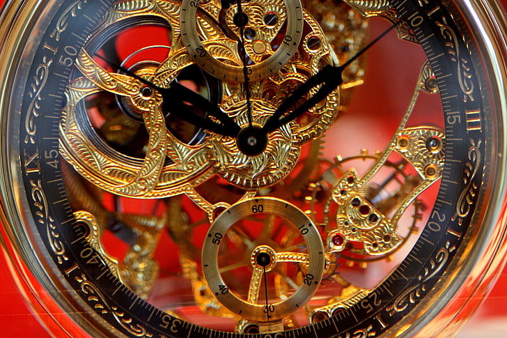 金色の機械式時計、矢印、時計、メカニズム、 HDデスクトップの壁紙