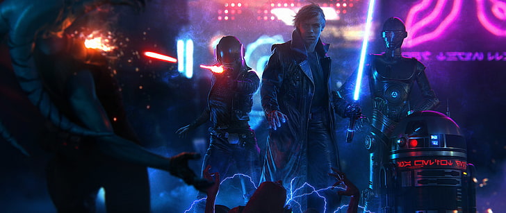 cyberpunk, sabre de luz, Luke Skywalker, guerra nas estrelas, ultra-amplo, HD papel de parede
