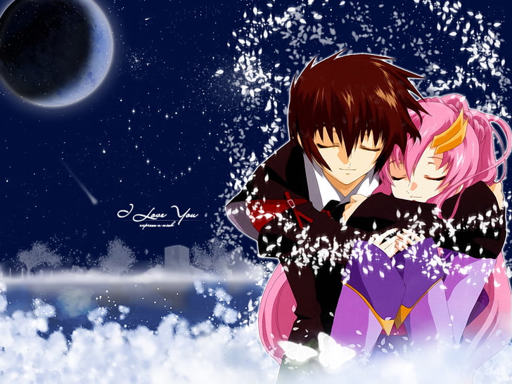 anime wallpaper, man, woman, affection, hug, i love, snow, HD wallpaper