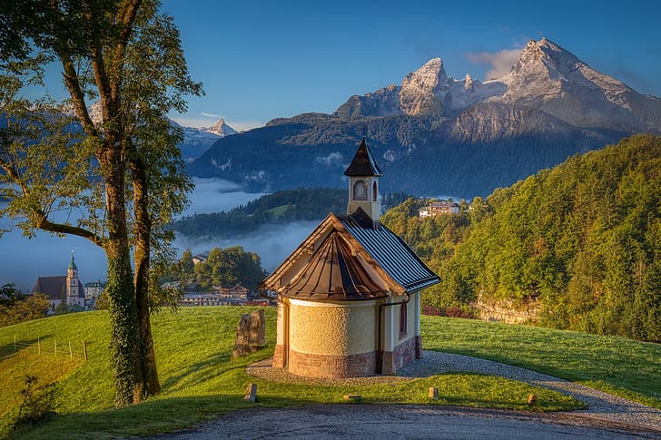 landscape, mountains, nature, track, Germany, Alps, chapel, Berchtesgaden, Watzmann, HD wallpaper