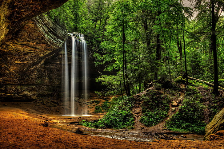 cascate e alberi sfondo, foresta, cascata, Logan, Ohio, Hocking Hills State Park, Parco Nazionale Hocking hills, Ash Cave Falls, Sfondo HD