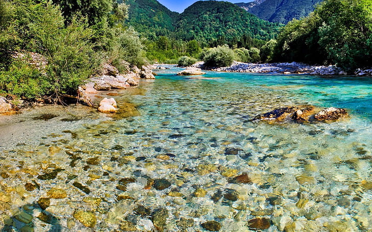 바탕 화면 1920 × 1200 명확한 청록색 물과 바위 하늘 나무 자연 벽지와 강 Soca Bovec 슬로베니아 산 강, HD 배경 화면