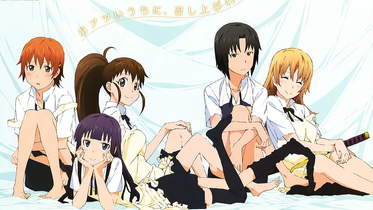 grupa siedzącej dziewczyny postacie z anime tapety cyfrowe, anime, Working !!, Inami Mahiru, Shirafuji Kyouko, Taneshima Popura, Todoroki Yachiyo, Yamada Aoi, anime dziewczyny, Tapety HD