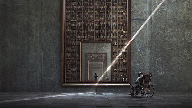 brown and gray wheelchair, mirror, books, reflection, ghosts, recursion, Jie Ma, HD wallpaper
