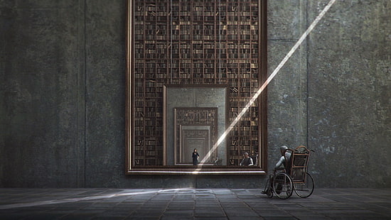 brązowo-szary wózek inwalidzki, lustro, książki, odbicie, duchy, rekurencja, Jie Ma, Tapety HD HD wallpaper