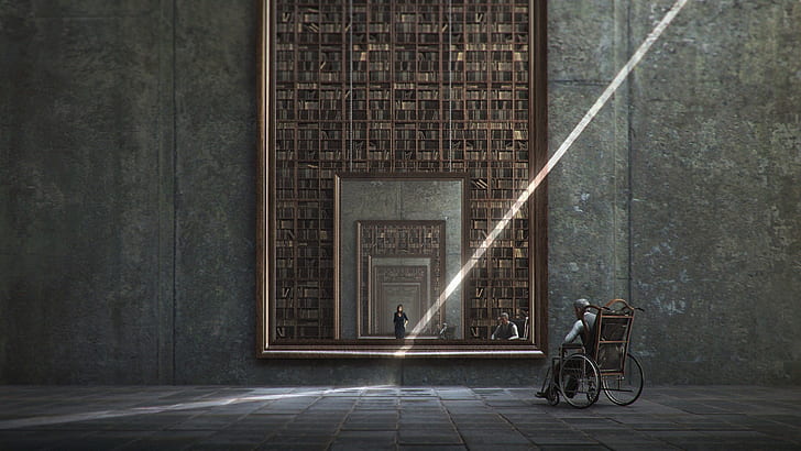 reflection, ghosts, books, Jie Ma, recursion, mirror, HD wallpaper