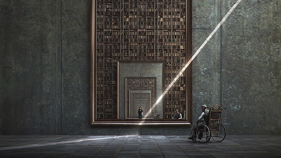 reflection, ghosts, books, Jie Ma, recursion, mirror, HD wallpaper HD wallpaper