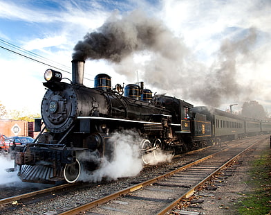 black train, road, rails, the engine, cars, iron, composition, Steam train, railways, locomotive, HD wallpaper HD wallpaper