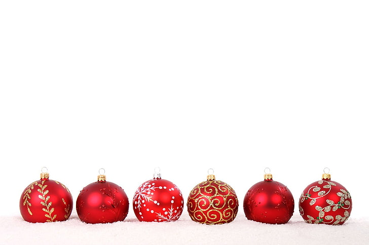 balls, decorations, glass, holiday, Christmas ornaments, red, snow, sphere, white, winter, HD wallpaper