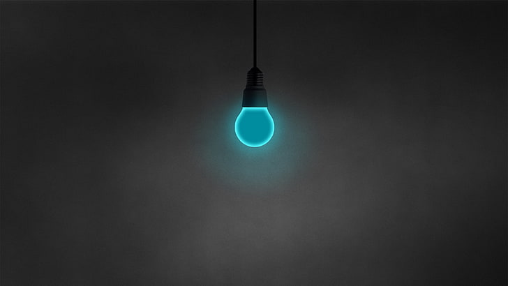 black LED bulb, minimalism, light bulb, dark, simple, cyan, HD wallpaper