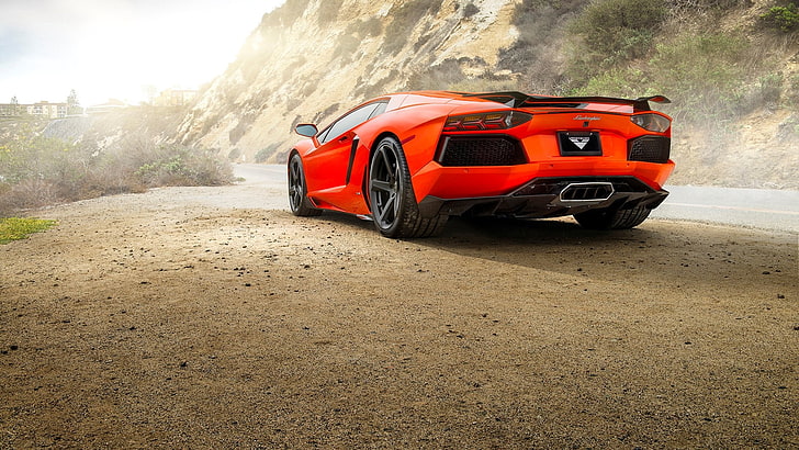 oranye coupe, mobil, Lamborghini, Lamborghini Aventador, jalan, Wallpaper HD
