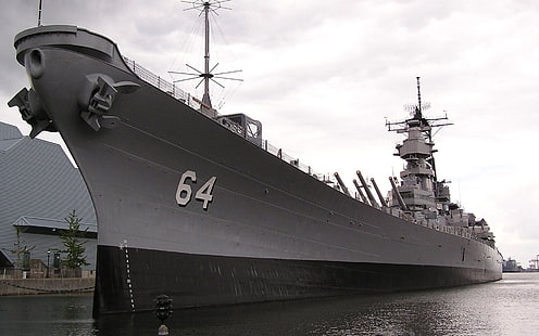 灰色と黒の軍艦、戦艦、水、米国海軍、USSウィスコンシン（BB-64）、船、軍艦、軍、車両、 HDデスクトップの壁紙 HD wallpaper