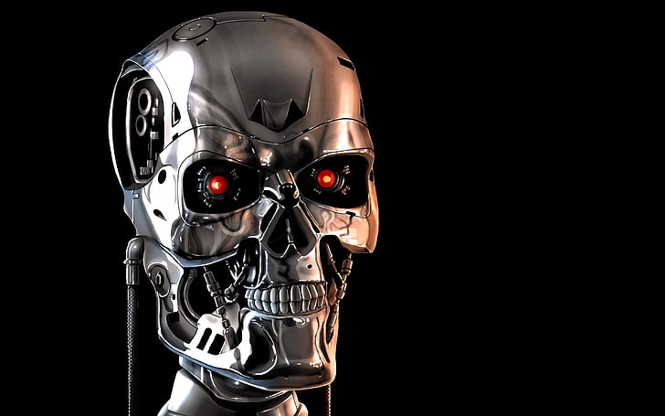 ภาพประกอบภาพยนตร์ Terminator ใบหน้ากะโหลกกลไกหุ่นยนต์เทอร์มิเนเตอร์โครงกระดูกพื้นหลังสีดำตาแดง, วอลล์เปเปอร์ HD