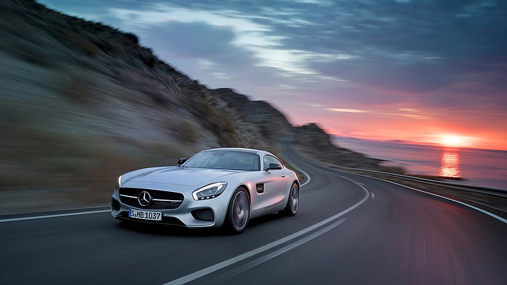 Mercedes-Benz AMG GT, samochód, droga, rozmycie ruchu, zachód słońca, Tapety HD
