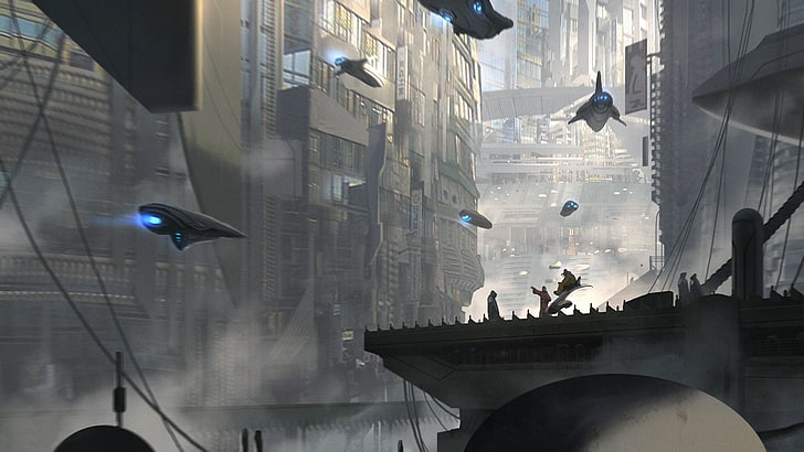 مقطع فيلم بناء خرساني وسفن فضاء ، خيال علمي ، مدينة ، سفينة فضاء ، طائرات ، مستقبلية، خلفية HD