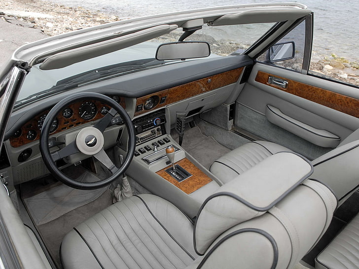 black Mini Cooper convertible coupe, aston martin, v8, volante, 1977, gray, salon, interior, steering wheel, speedometer, HD wallpaper