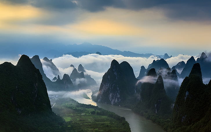 планини, Китай, облаци, природа, пейзаж, река, мъгла, поле, HD тапет