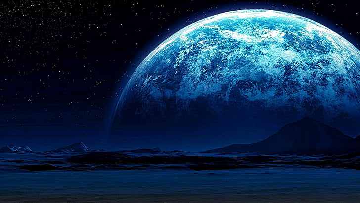 étoiles de la lune bleue, montagne, nuit étoilée, terrestre, ciel, planète, terre, lune, art de l'espace, art fantastique, étoilé, univers, clair de lune, nuit, Fond d'écran HD