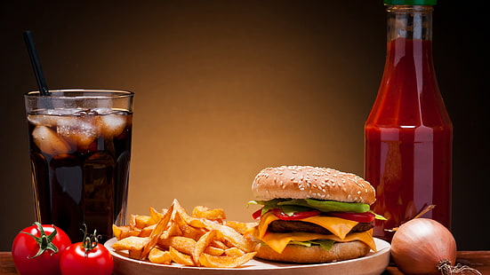 ciotola in ceramica rossa e bianca, hamburger, patatine fritte, soda, cibo, Sfondo HD HD wallpaper
