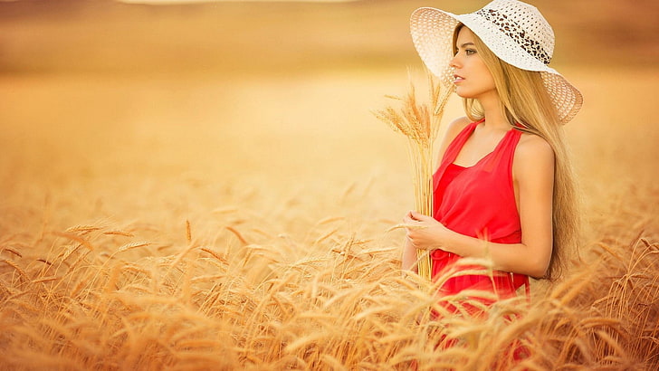 женщины, блондинка, шляпа, женщины на улице, пшеница, ферма, растения, красное платье, длинные волосы, платье, HD обои