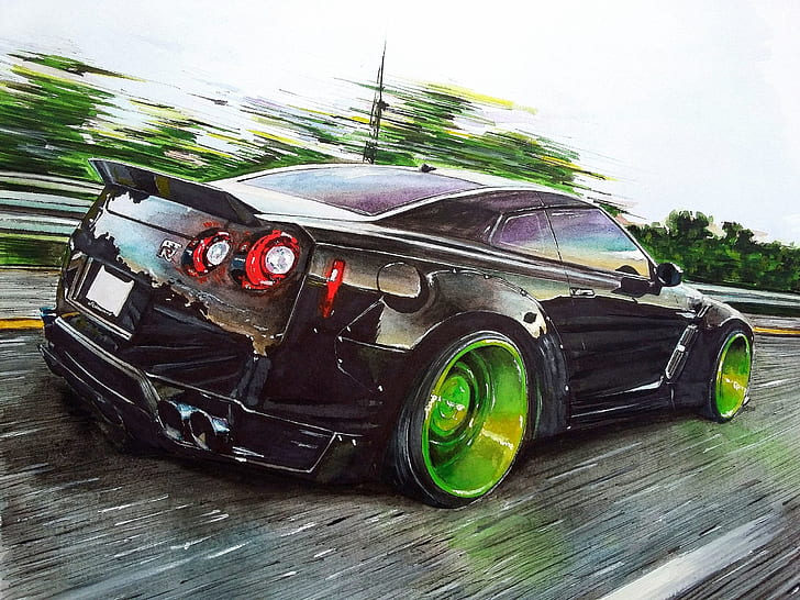 speed, Nissan, GT-R, drives, Art, green, Liberty Walk, HD wallpaper