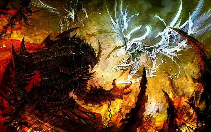 Battle HD, white red and beige dragon clip arts, fantasy, battle, HD wallpaper