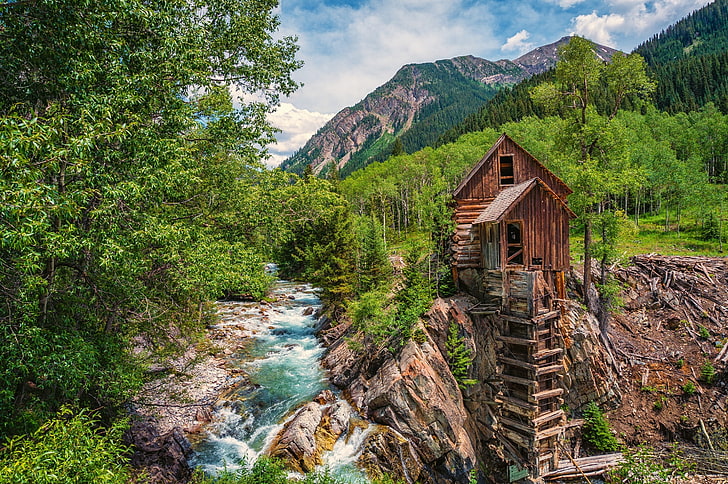 brown wooden house, forest, trees, mountains, river, Colorado, water mill, Crystal, Crystal Mill, Crystal River, HD wallpaper