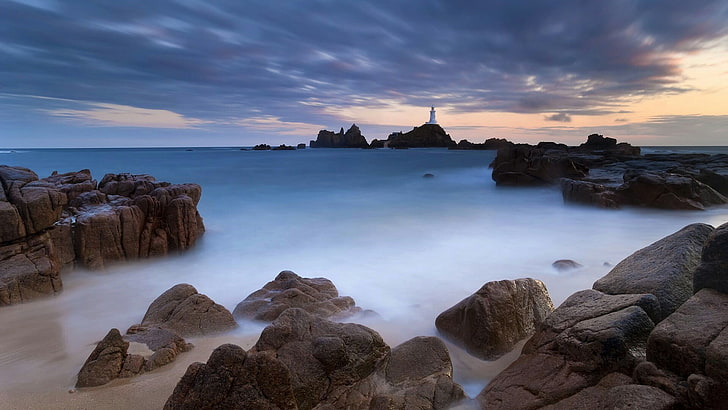 lighthouse, waterscape, beautiful, stony, sea, sky, coast, shore, rock, horizon, water, ocean, cloud, dawn, HD wallpaper