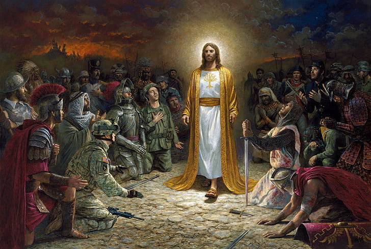 меч, воин, Иисус Христос, на коленях, солдат, светящийся, Древо познания добра и зла, Джон МакНотон, живопись, HD обои