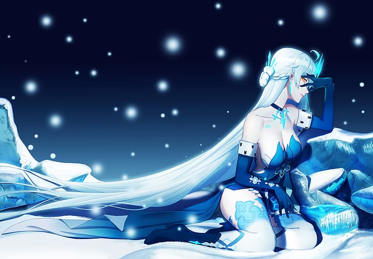 Honkai Impact 3rd, blaue Kleidung, Strumpfhosen, weißes Haar, langes Haar, schneit, leuchtende Augen, Kiana Kaslana, HD-Hintergrundbild