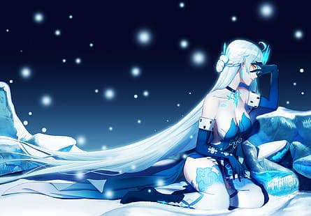 Honkai Impact 3rd, blaue Kleidung, Strumpfhosen, weißes Haar, langes Haar, schneit, leuchtende Augen, Kiana Kaslana, HD-Hintergrundbild HD wallpaper