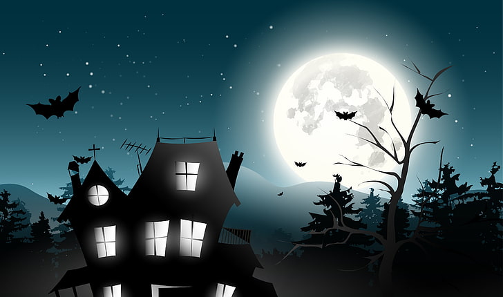 flight of bats over haunted house under full moon, trees, castle, vector, bat, horror, midnight, creepy, full moon, holiday halloween, Halloween, scary house, HD wallpaper