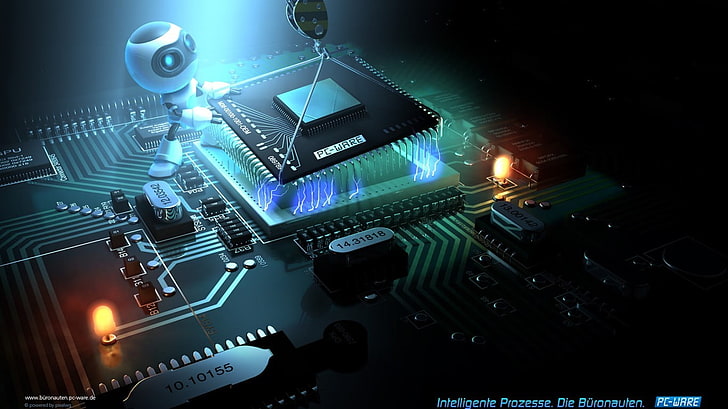 Abbildung von Computer-Motherboard, Mikrochip, CPU, Roboter, LEDs, Computer, Internet, Übertakten, Rendern, Lichter, Prozessor, digitale Kunst, HD-Hintergrundbild