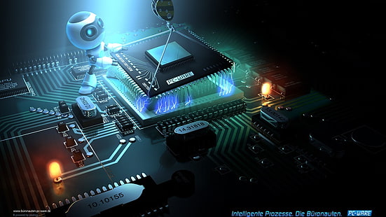 ilustracja płyty głównej komputera, mikroczipa, procesora, robota, diod LED, komputer, internet, przetaktowywanie, renderowanie, światła, procesor, sztuka cyfrowa, Tapety HD HD wallpaper