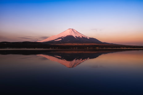 zdjęcie krajobrazowe góry i zbiornika wodnego, Pierścień, krajobraz, zdjęcie, góra, zbiornik wodny, Mt. Fuji, Yamanaka, czyste jezioro, poranek nad jeziorem, odbicie, wschód słońca, zima, Dystrykt Minamitsuru Yamanashi, Prefektura Yamanashi, Japonia, góra Fuji, wulkan, przyroda, jezioro Kawaguchi, śnieg, na dworze, Tapety HD HD wallpaper
