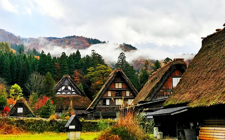 japan, shirakawa bakgrunder, hus, berg, träd, Ladda ner 3840x2400 japan, HD tapet