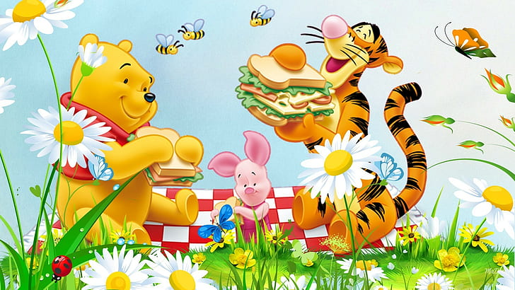 Picnic Flowers Grass Bee Winnie The Pooh Tigger And Piglet Cartoon Hd Wallpapers 1920×1080, HD wallpaper