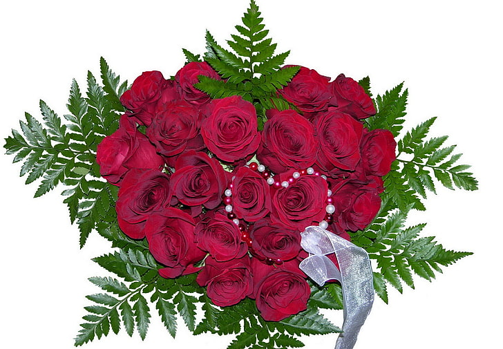bouquet of red rose, roses, flowers, flower, beads, leaves, beauty, HD wallpaper