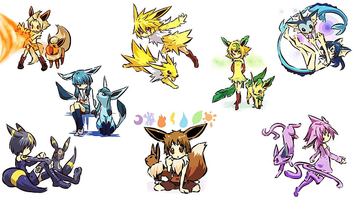 Ilustración de personaje de anime, Pokémon, Eeveelutions, Joltion, Umbrion, Espion, Flareion, Leafion, Vapourion, Eevee, Glaceion, Fondo de pantalla HD