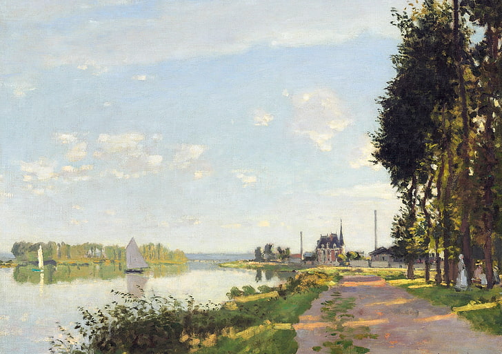 krajobraz, rzeka, łódź, obraz, żagiel, Claude Monet, Spacer po Argenteuil, Tapety HD