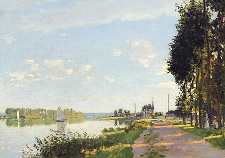 landscape, river, boat, picture, sail, Claude Monet, The walk at Argenteuil, HD wallpaper HD wallpaper