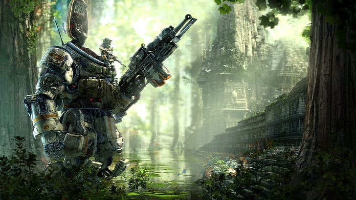 Water, Robot, Building, Soldiers, Jungle, Hunter, Electronic Arts, Pilot, DLC, Titan, Equipment, Weapons, Titanfall, Respawn Entertainment, Titanfall: Expedition, HD wallpaper