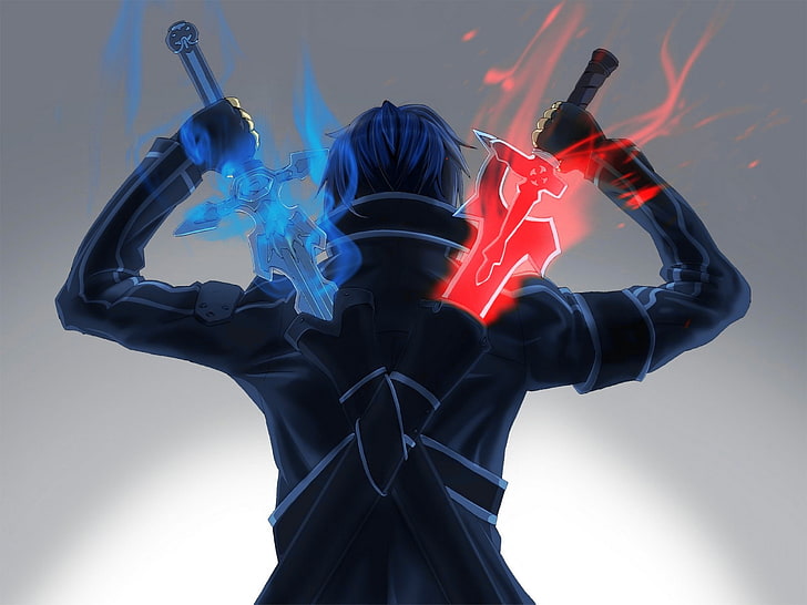 uomo che tiene in mano la spada digitale blu e rossa, Sword Art Online, Kirigaya Kazuto, Sfondo HD