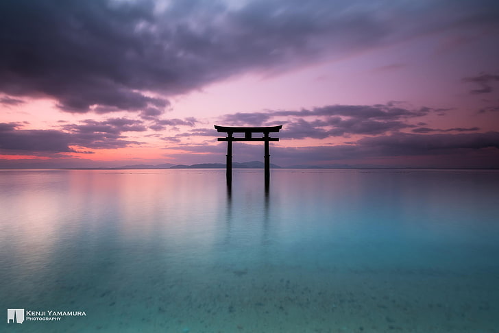 the sky, clouds, lake, beauty, Japan, photographer, torii, Kenji Yamamura, Lake Biwa, HD wallpaper