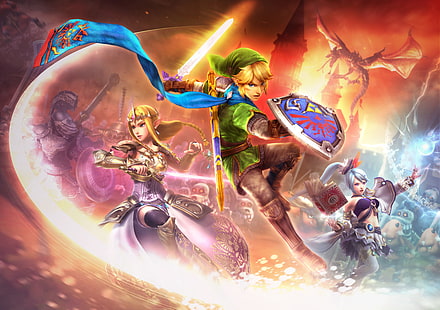 الرسوم التوضيحية لفيلم الرسوم المتحركة ، ألعاب الفيديو ، Link ، The Legend of Zelda ، Zelda ، فن الخيال ، Hyrule Warriors ، Princess Zelda ، Lana (Hyrule Warriors) ، Master Sword ، Hylian Shield، خلفية HD HD wallpaper