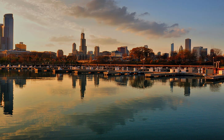 Chicago, USA Stadt, Abend Wolkenkratzer, Bucht, Dock, Chicago, USA, Stadt, Abend, Wolkenkratzer, Bucht, Dock, HD-Hintergrundbild